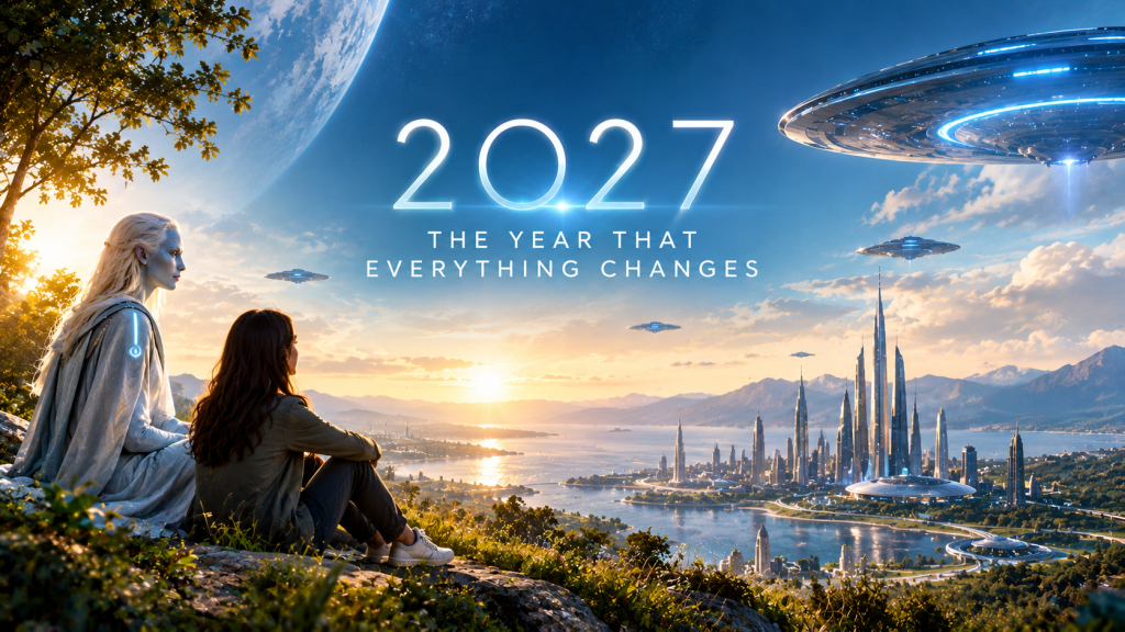 A futuristic alien overlooking Earth with a human, flying UFOs, and the text “2027, The Year That Everything Changes.”