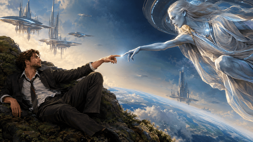 A modern man reaching toward a blue-skinned extraterrestrial in a futuristic reimagining of the Creation of Adam, symbolizing open contact.