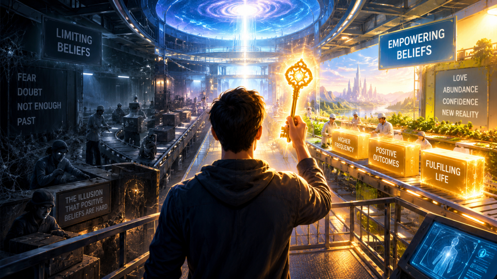 A person holding a golden master key above a mystical factory symbolizing inner transformation, releasing limiting beliefs and creating a new reality through positive consciousness.